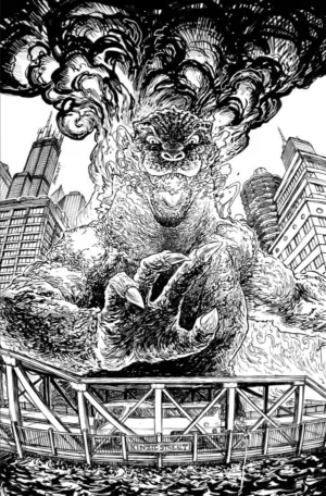 Godzilla Vs. America: Chicago Variant RI (25) (Browne Full Art B&W) - Ash Avenue Comics